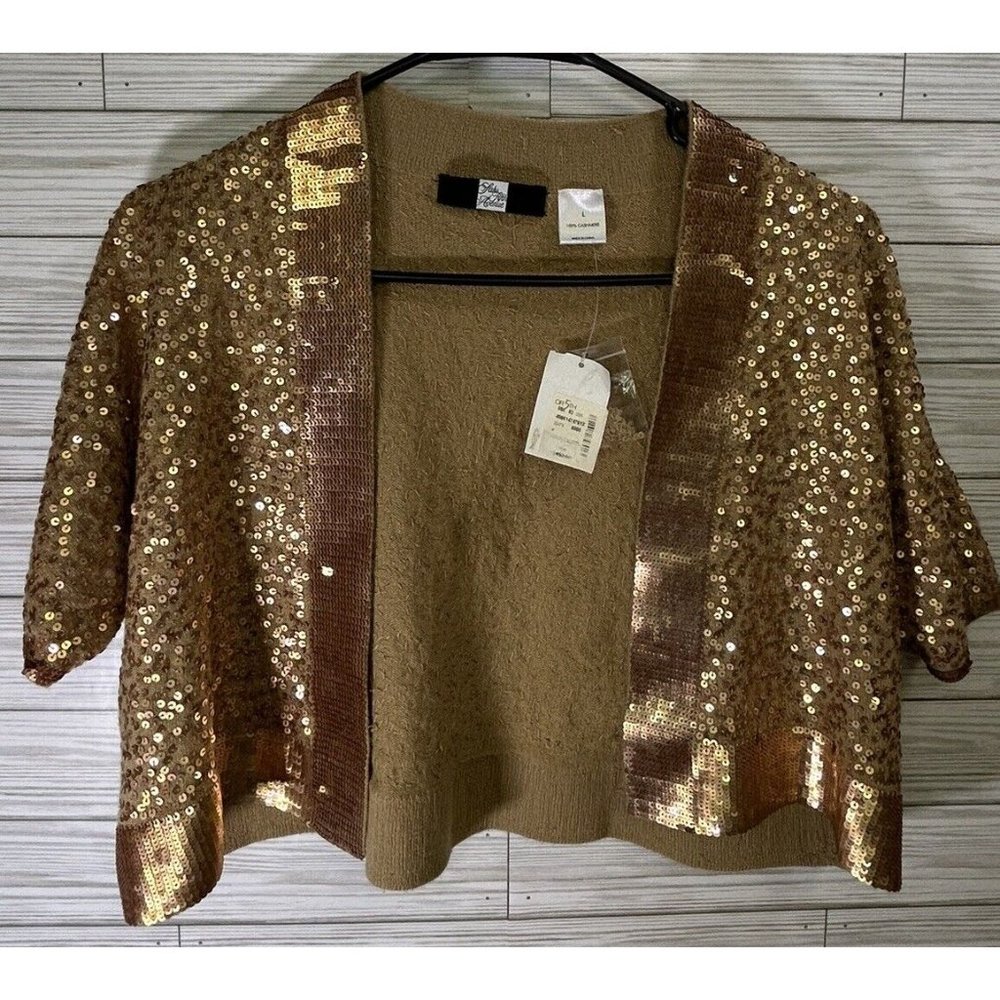 SaKs Fifth Avenue Black Label Bronze Champagne‎ Sequin Cashmere Sweater Sz Lg